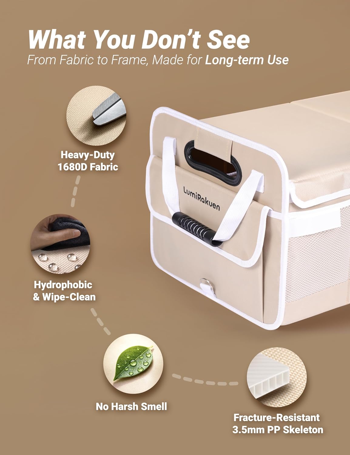 Car Trunk Organizer with Removable Lid for SUV (XL, Beige) | 1680D Wipe-Clean Fabric & 3.5mm PP Board. Collapsible Car Basket Features Dual Non-Slip Metal Hooks & 2x Adjustable Straps