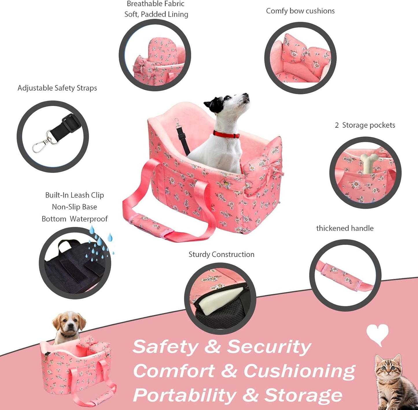Console Dog Car Seat - Portable Dogs Armrest Booster Seat for Small Dog, Anti-Collapse Pet Car Seat with Soft Cushion Safety Belt, Support Pet Up to 11lbs (Pink Daisy)