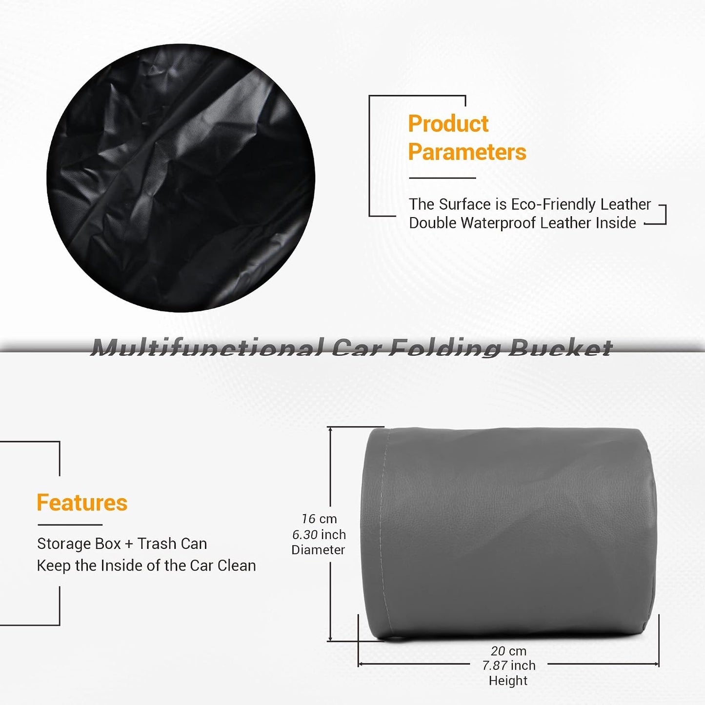 Car Trash Can, Portable Garbage Bin, PU Leather Waterproof Pop Up Trash Can, Collapsible Hanging Car Trash Bag, 1 Pack, Grey