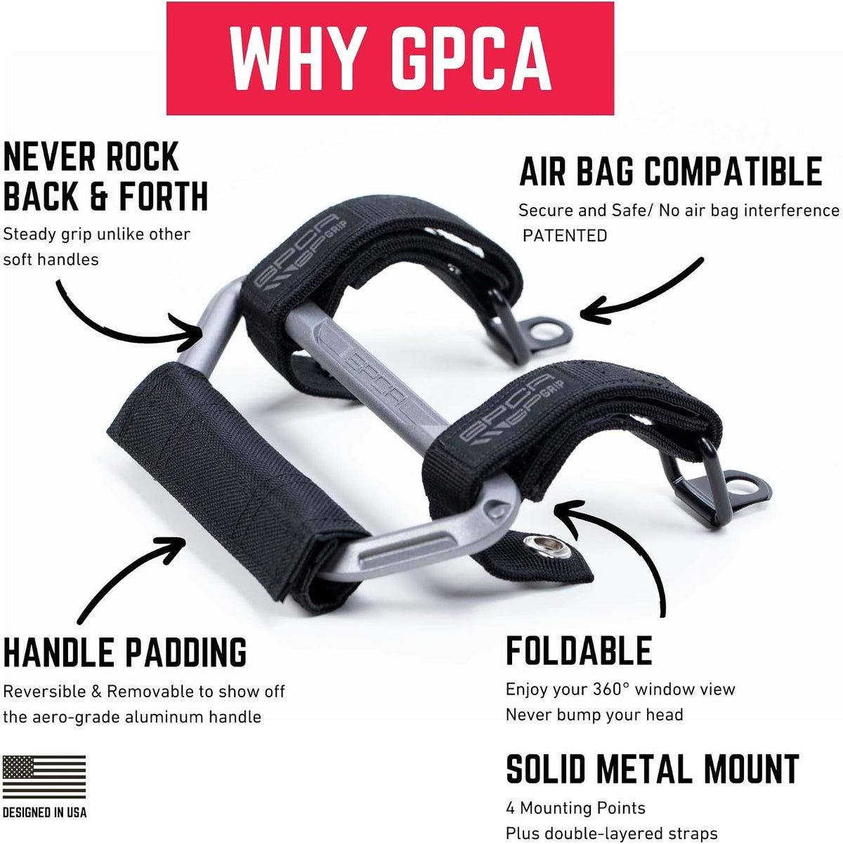 GPCA GP Grip Air Grab Handles Designed for 2024, 2025, 2026 Jeep Wrangler JL, JT & Jeep Gladiator 4xe w/Airbag Compatible - Aero-Grade Aluminum, Patented Foldable Design, Easy Installation