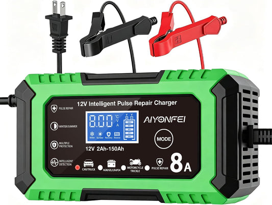 12V Battery Charger 8-Amp Smart Trickle Charger, Green
