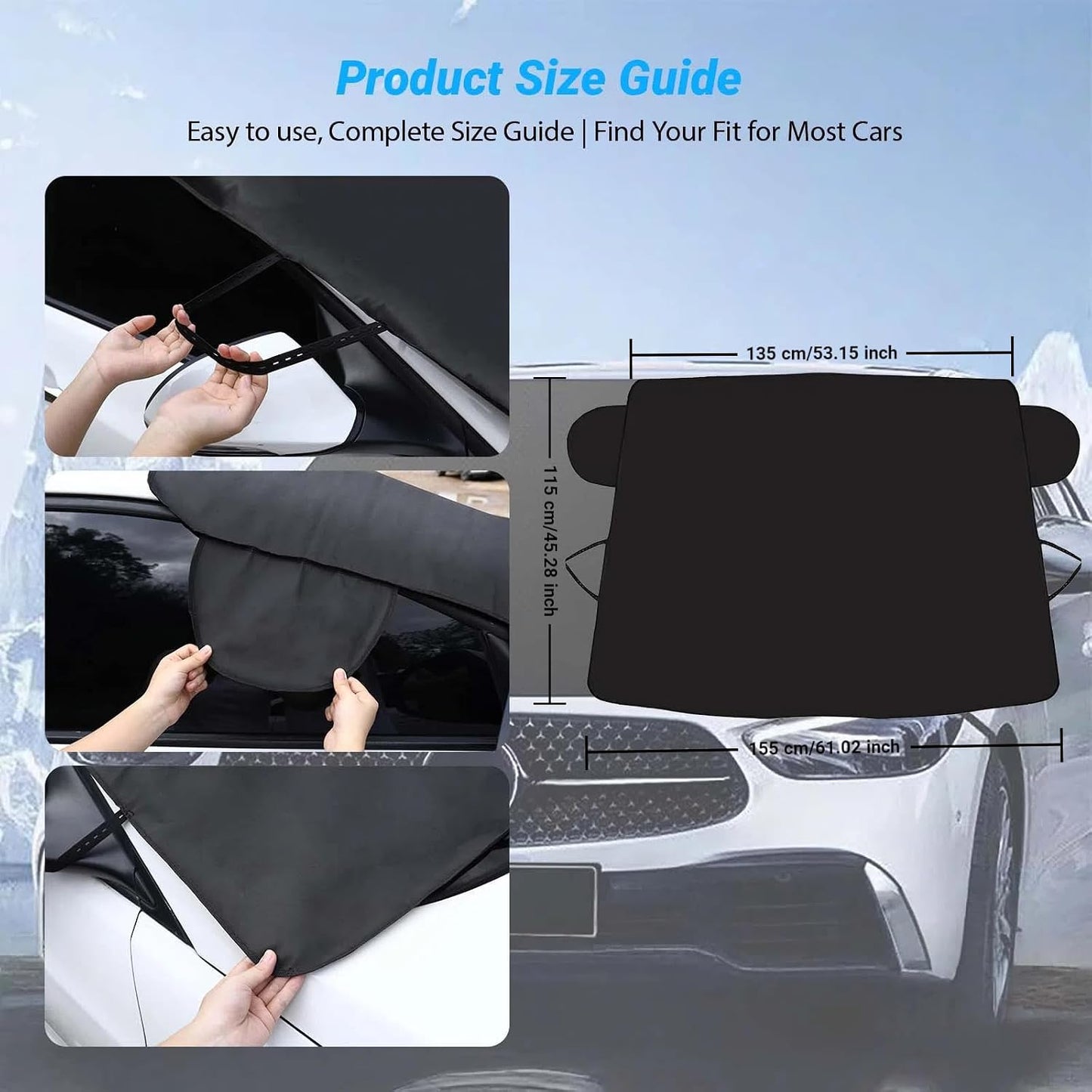 Exterior Car Windshield Cover, Oxford Fabric All Weather Windshield Snow Shield for Windshield & Mirrors, Blocks Snow Ice Frost, Anti-Theft Door Flap, Fits SUV Sedan Truck (69"x42")