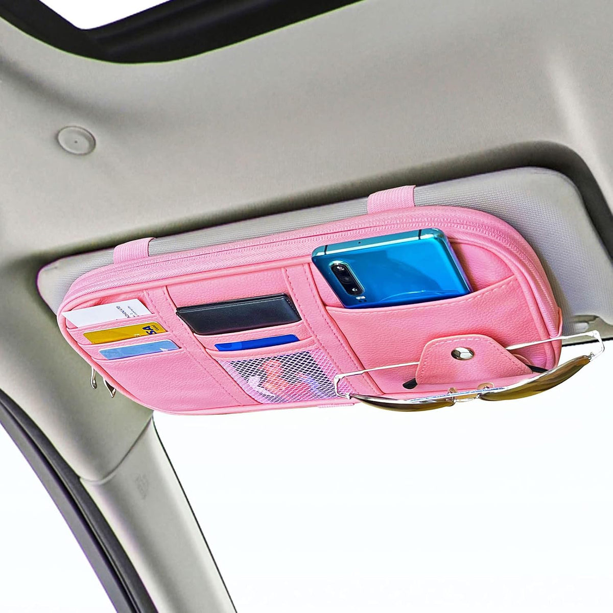 Da by Car Visor Organier Truck SUV Sun Visor Storage Pocket PU Leather Pouch Holder with Multi-Pocket Double Zipper Net Pocket, for Cards Pens Sunglasses Document (Cream Grey)