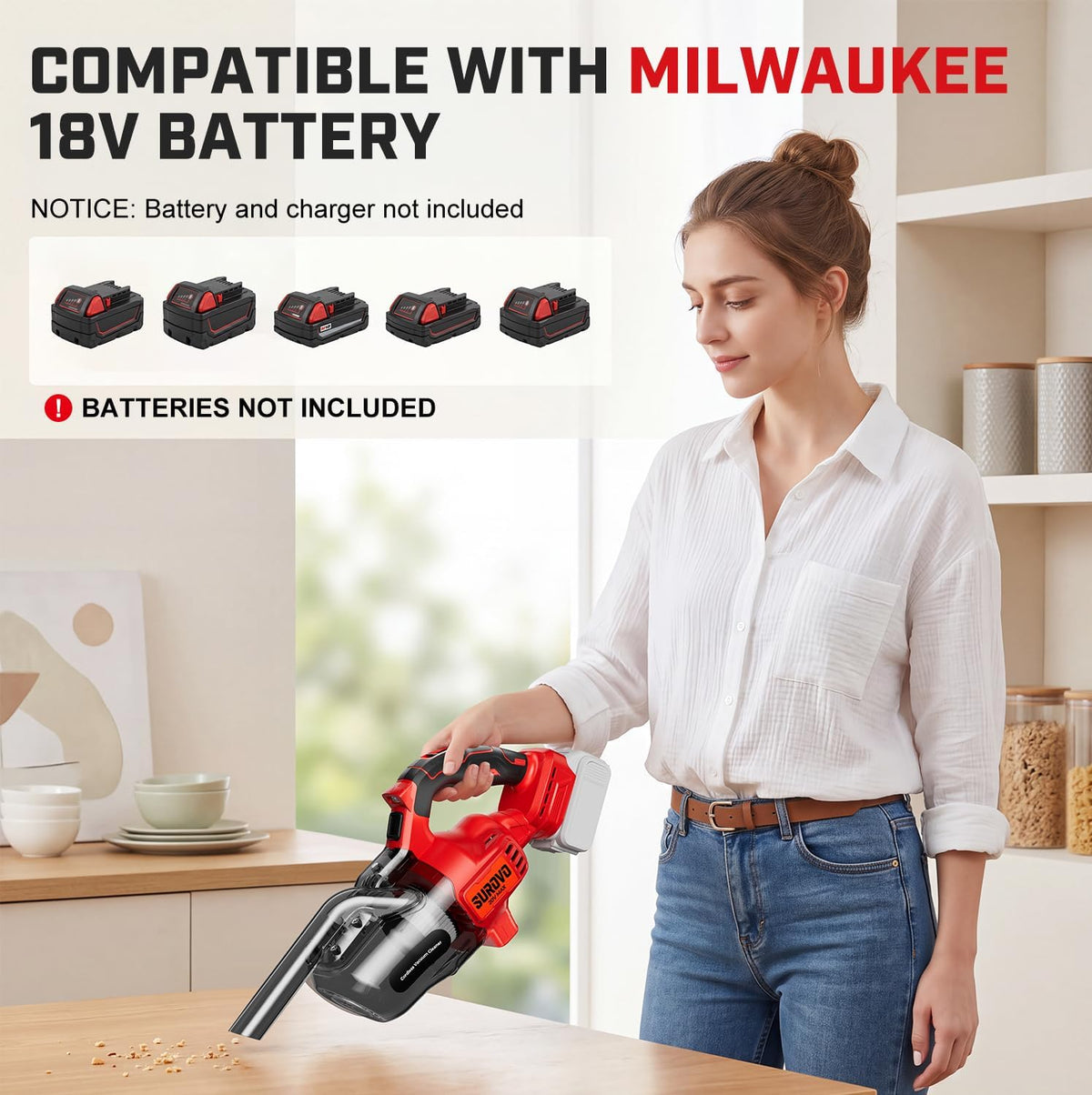 Cordless Vacuum Compatible with Milwaukee 18V Battery (No Battery)