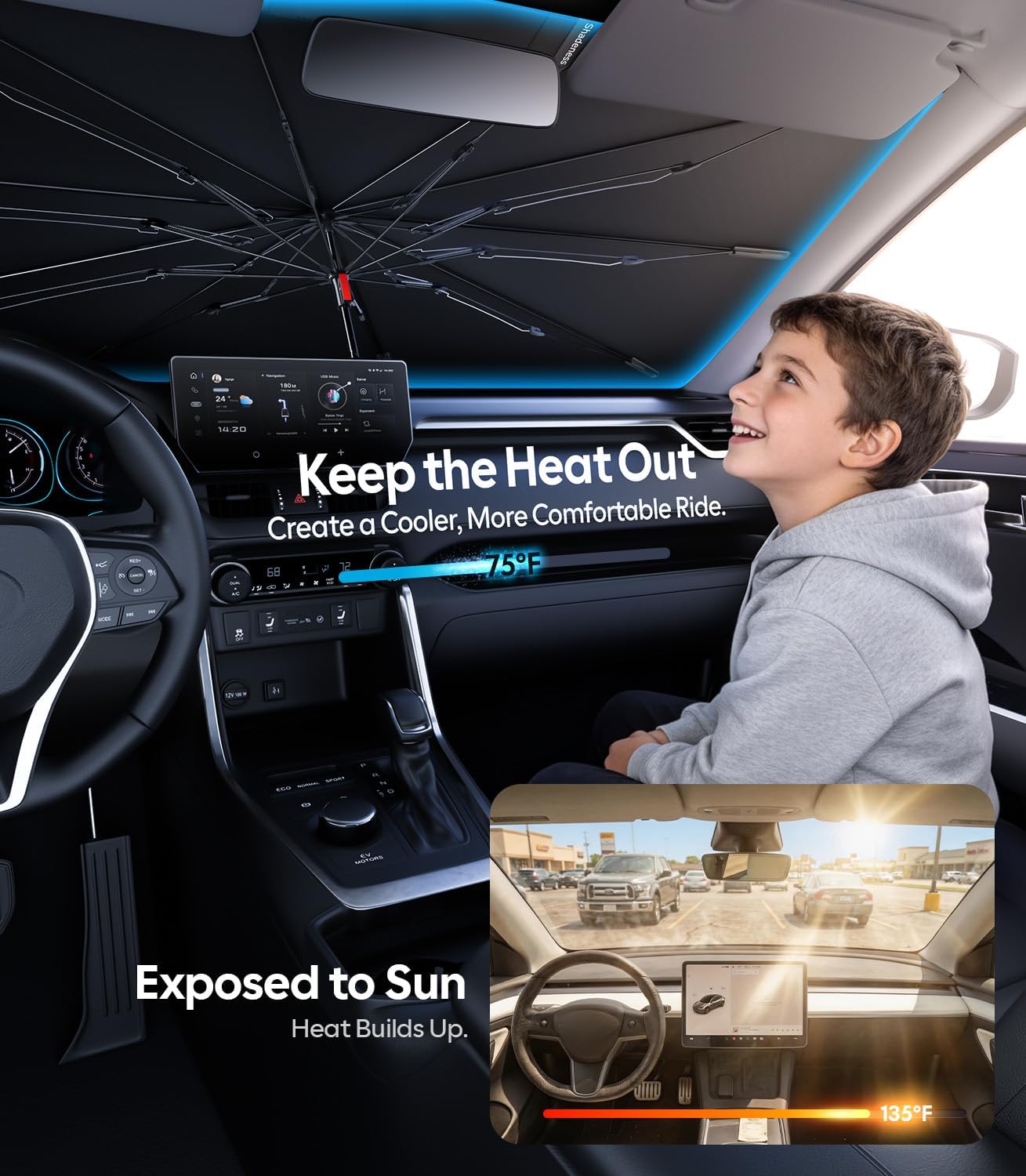 Wigoo Ice-Shield Car Windshield Sun Shade [100% Sun Block, 4th-Gen Cooling Tech] Reflective Heat Insulation, Portable Foldable Front Window Sunshade Umbrella for Sedans/SUVs - Universal Fit 56"x35"