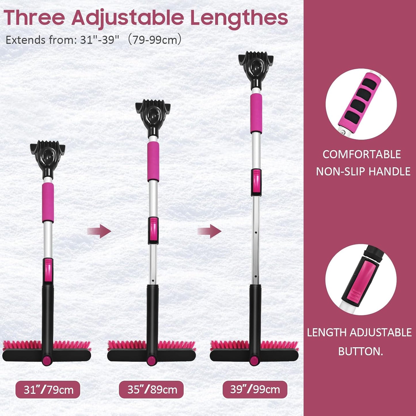 YeewayVeh 39in Car Snow Brush Ice Scraper 360° Rotating, Magenta Pink