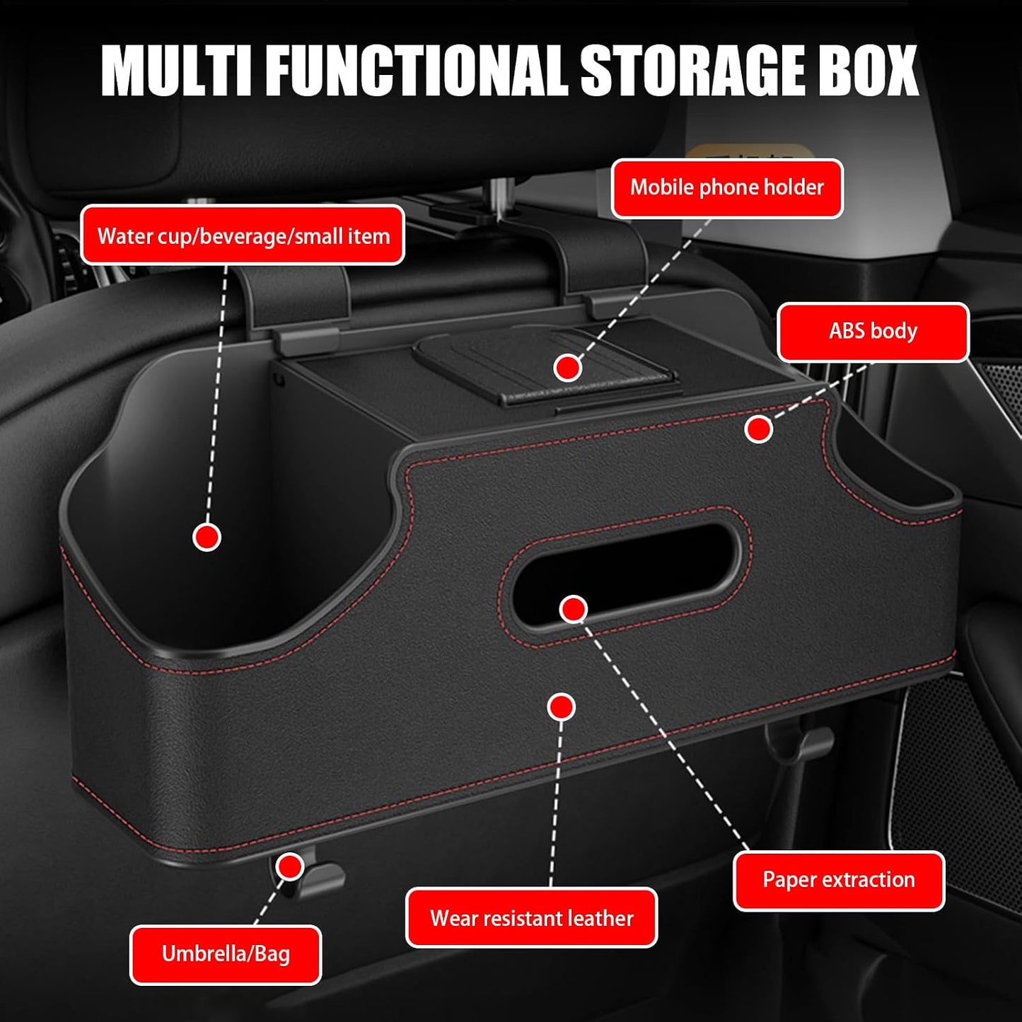 1 PC Car Seat Back Storage Box, 11.42" x 3.35" x 4.92" Hanging Fashionable Multifunctional Storage Rack, Easy to Clean and Durable Travel Accessories, Universal for Most Cars (Black)
