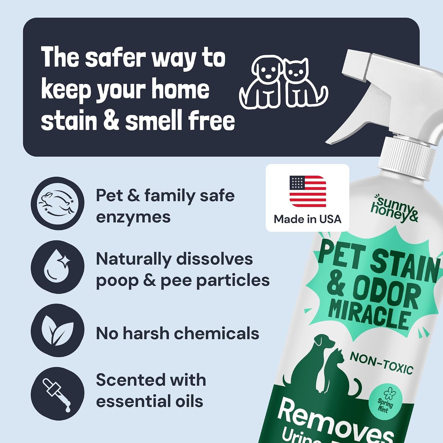 Sunny & Honey Pet Stain and Odor Remover Spray for Carpets, 32floz Mint | USA Made - Enzyme Cleaner for Dog Urine & Poop - Eliminates Set In Stains - Color Safe - For Rugs, Furniture & Car Seats
