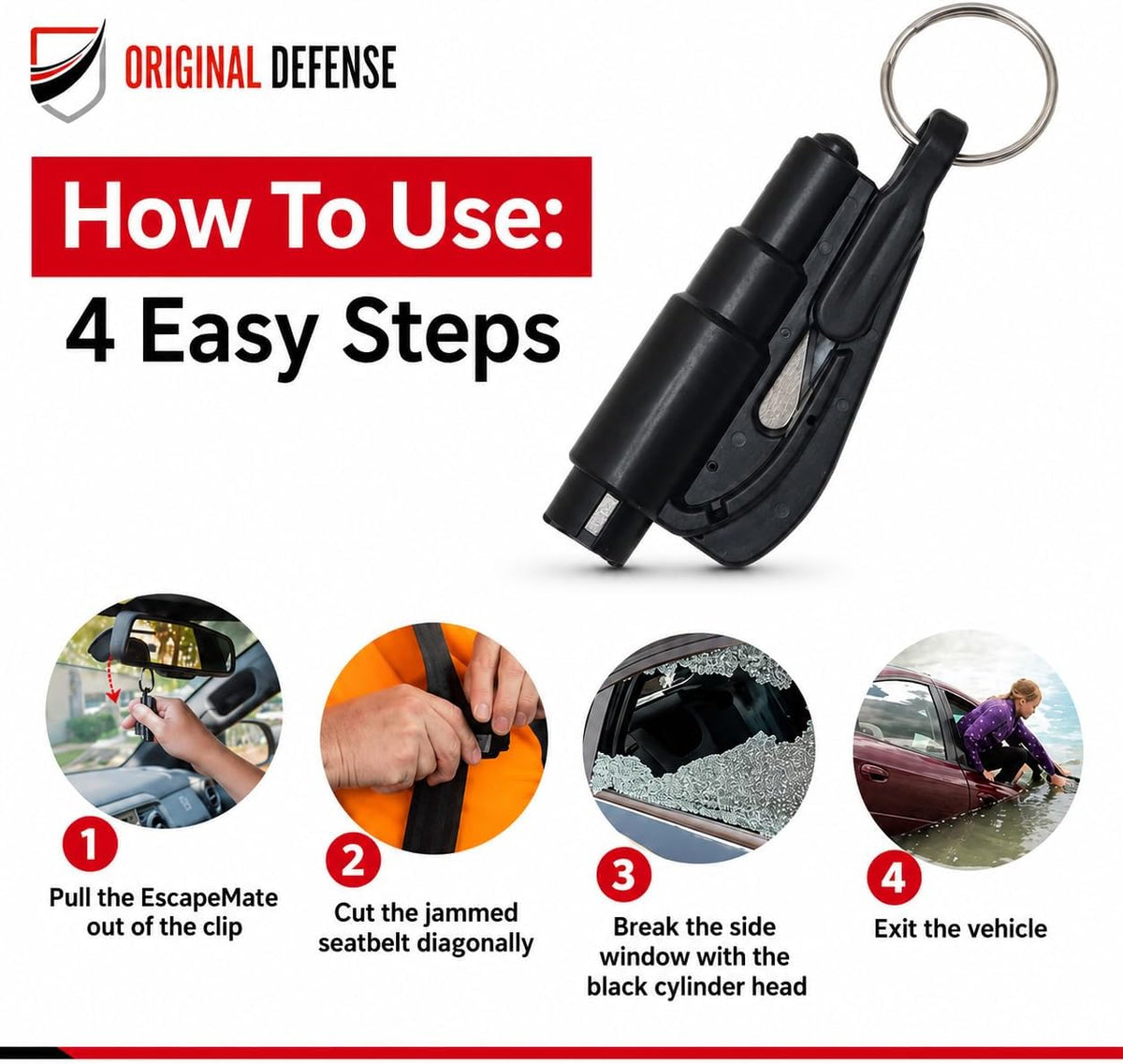 Original Defense® EscapeMate 2-in-1 Car Escape Tool Keychain – Custom Engraved Window Glass Breaker & Seatbelt Cutter – Spring-Loaded Emergency Escape Tool with Stainless Steel Blade – Car Safety Tool