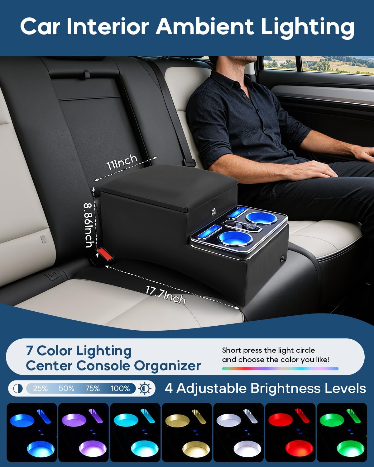 Upgraded Center Console with Lock, Truck Bench Front Seats Center Console Organizer and Storage, Cup & Phone Holder for Minivan, SUV, Middle Van, Fast Phone Charging & 7-Color Adjustable LED Lighting