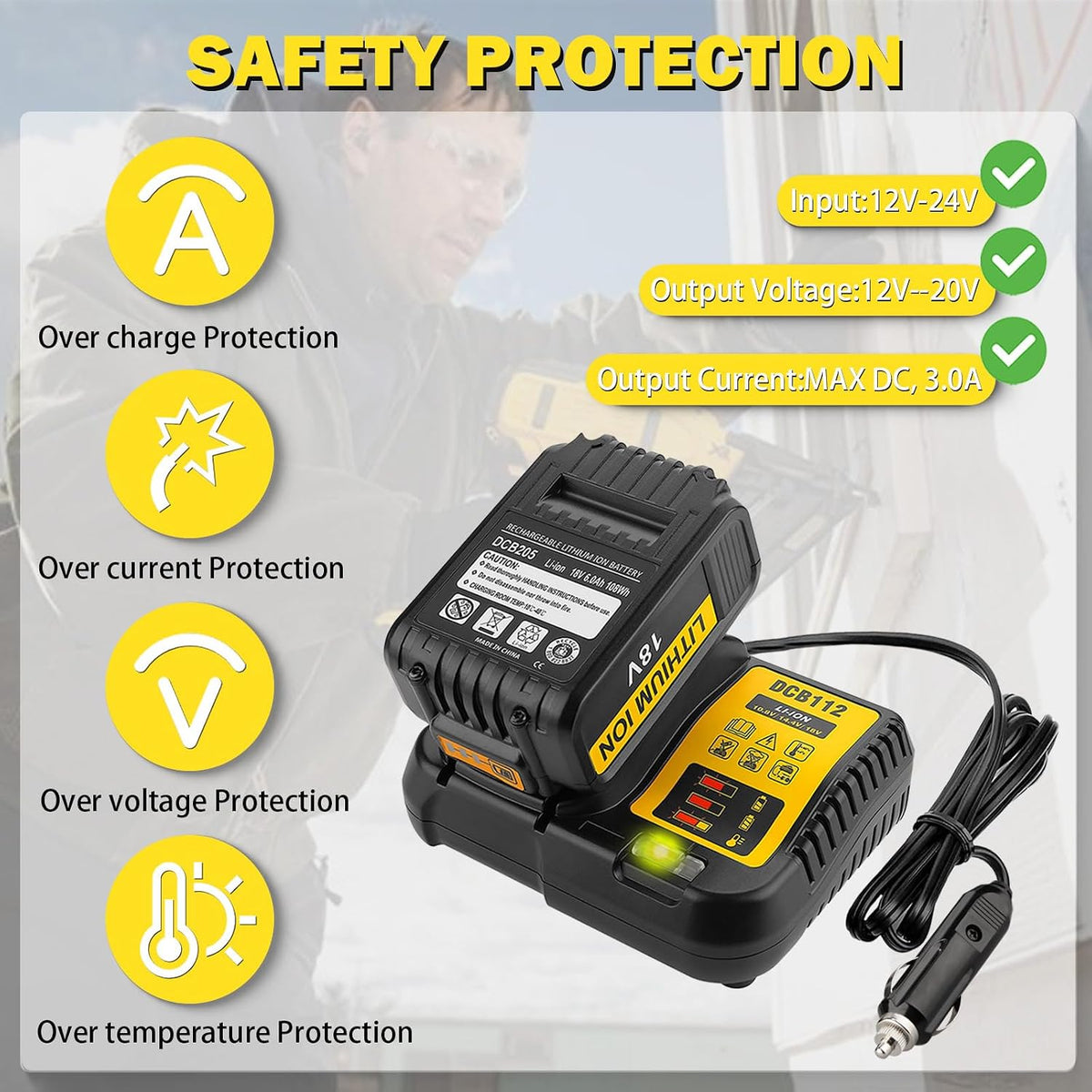 DCB112 for Dewalt Battery Car Charger, Replace for Dewalt 12V 20V and 60V Max Battery use on Car, Charging Input 12V/24V Cigarette Lighter Plug