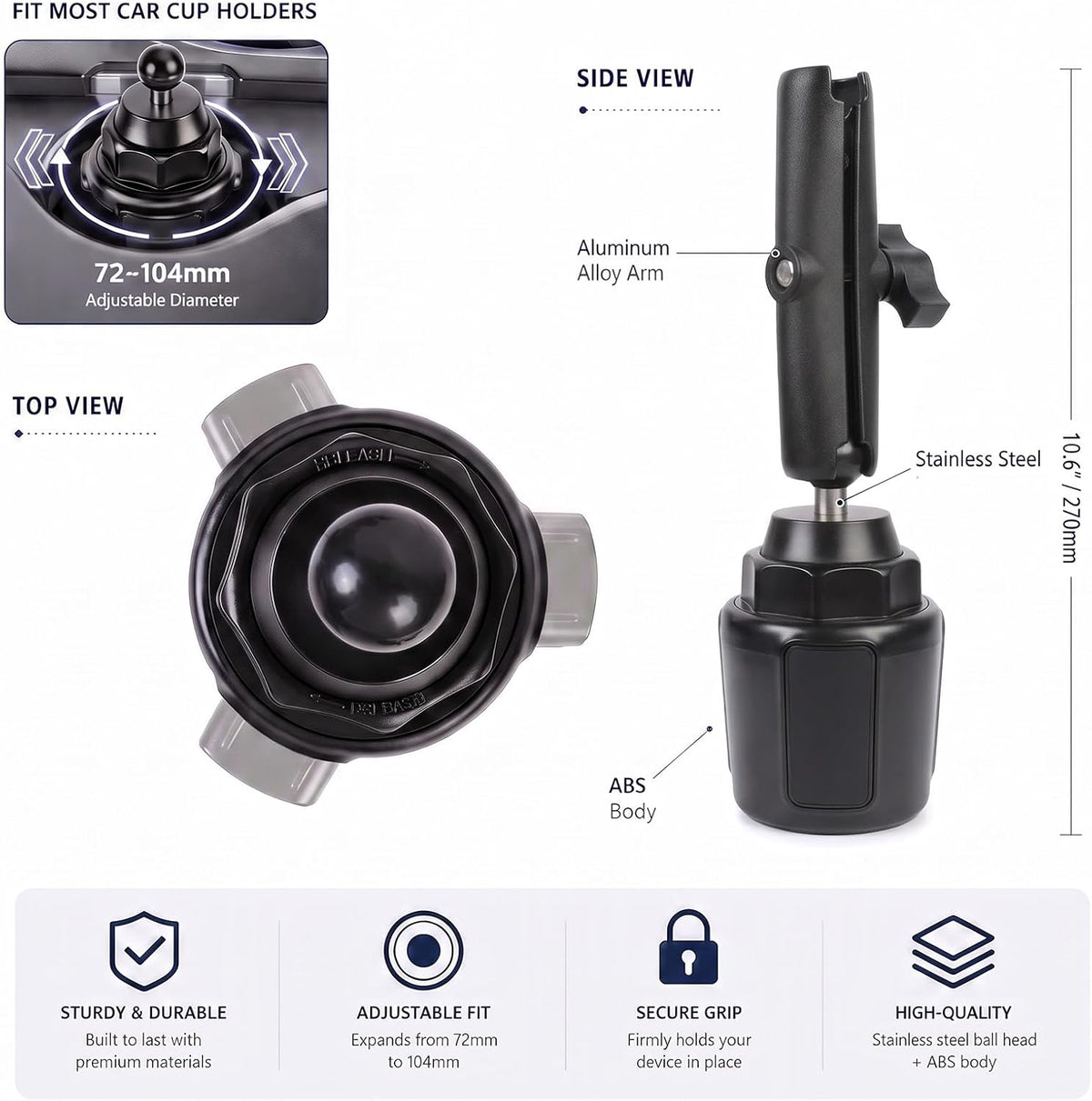 1" Ball Cup Holder Mount Base with Aluminum Long Double Socket Arm