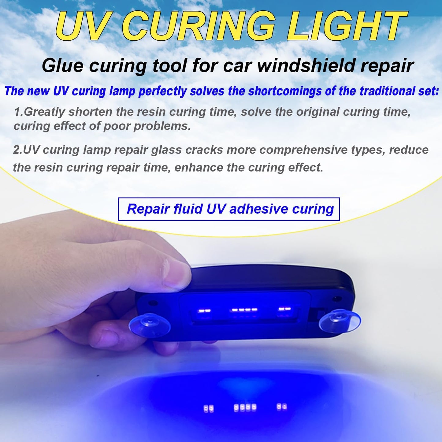 CLAMPER Windshield Repair Kit, Windshield Crack Repair Kit 4 Pcs, Windscreen Repair Kit with Enhanced Injection Head Suction Cup UV Curing Light, Windshield Chip Repair Kit for Bulls-Eye (Yellow)