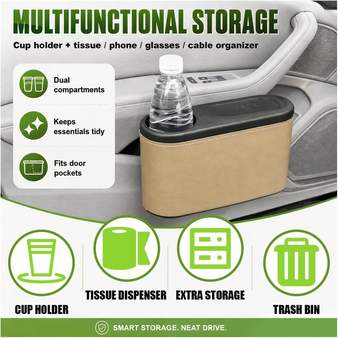 Car Trash Can with Lid, Leakproof Car Back Seat Hanging Garbage Organizer with Cup Holder, Multipurpose Auto Interior Door Trash Bin for Vehicle, Home, Office(Beige)
