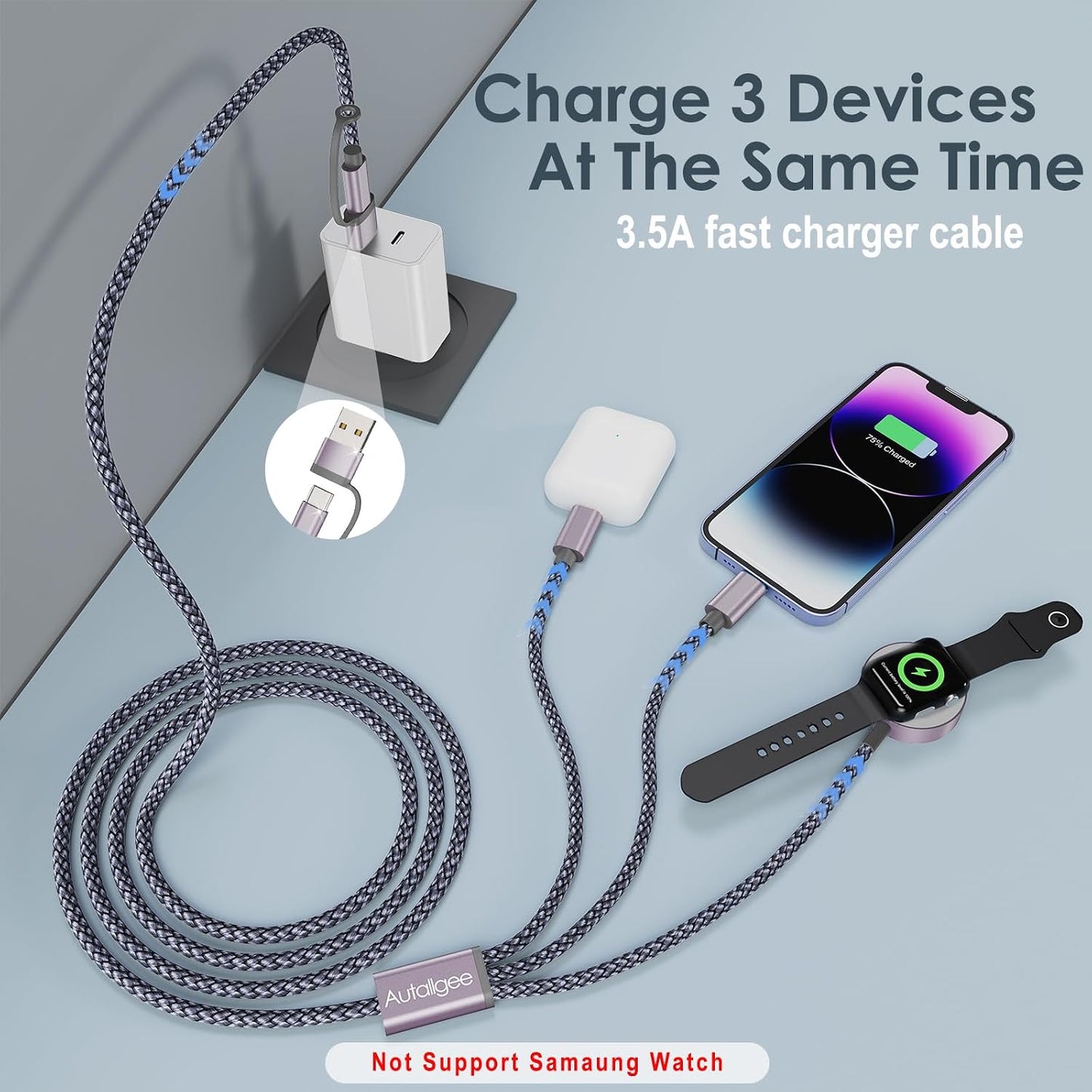 Travel Essentials,Multi Charging Cable for Apple Watch Charger/iPhone Charger/Samsung Charger,Airplane Gadgets RV Essentials for iWatch Ultra/10-2/iPhone 17-11/Samsung S25-S20,airPods,Car-4FT Gray