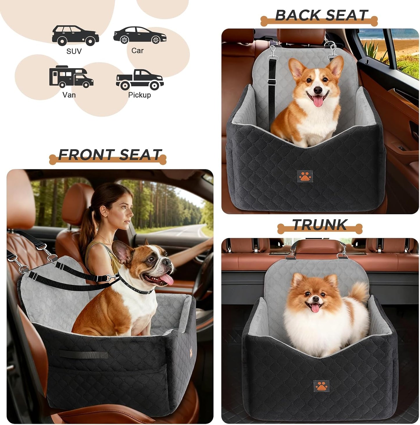 Dog Car Seats for Small/Medium Dogs, Puppy Car Seat with Side Opening, Thick Cushion, Detachable Washable Dog Carseat with Storage Pockets for Dogs Up to 35lbs (Grey)