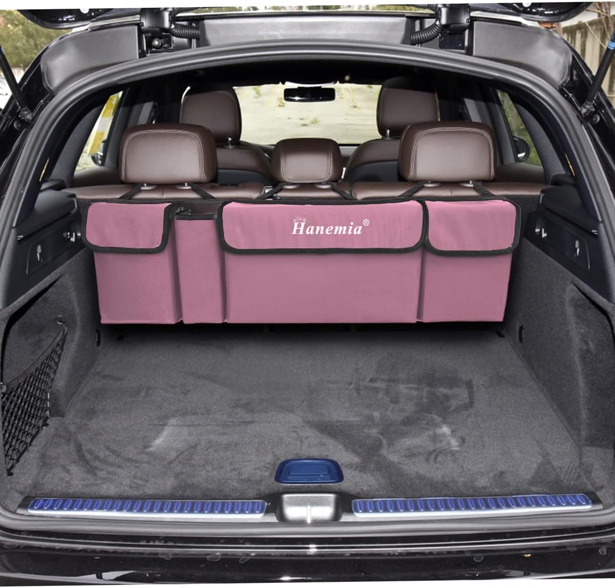 Car Trunk Organizer, Backseat Hanging Storage with 4 Large Pockets, Collapsible Cargo Bag with Adjustable Straps Frees Trunk Floor, Sturdy Space Saving Expert for SUV, Truck, Van (Pink)