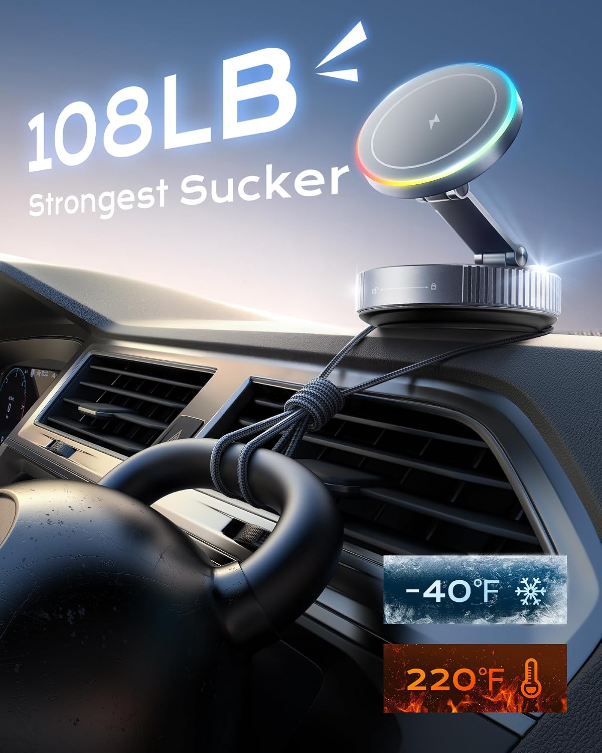 MagSafe Car Charger Mount, 15W Fast Wireless Charging Phone Holder, 108LB Vacuum Suction Cup & 3800gf Strong Magnet, 360° Adjustable Dashboard Windshield Mount for iPhone 17 Pro Max/17 Air/16-12
