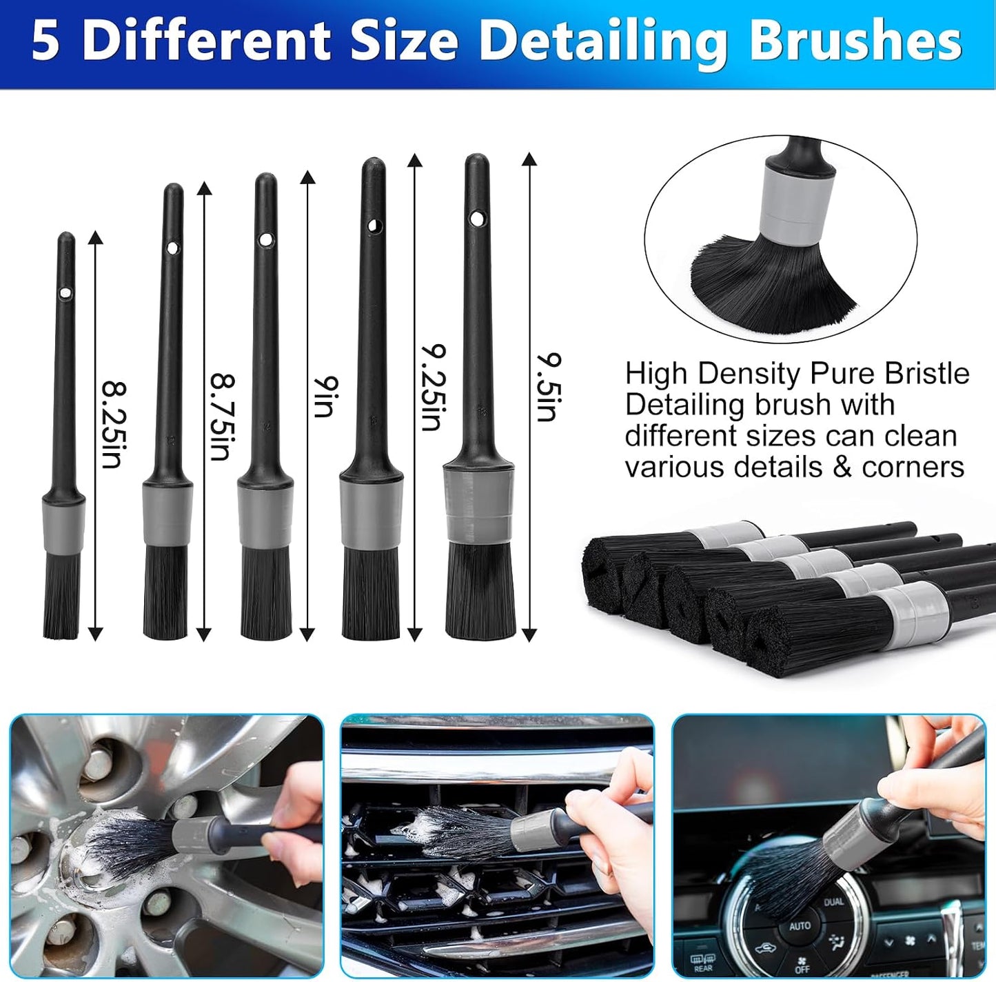 THINKWORK Car Wash Kit, 62'' Car Washing Brush with Long Handle, Extendable Car Wash Brush Mop with 2-in-1 Windshield Squeegee and 9Pcs Detailing Brushes, Gray Car Detailing Kit Gift for Men