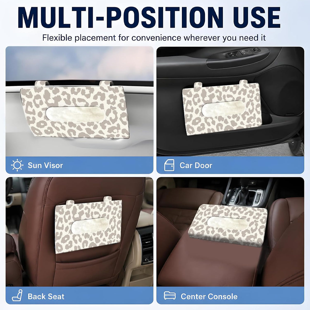 Car Tissue Holder, Cute Sun Visor Napkin Holder Backseat Tissue Case, PU Leather Tissue Box, Funny Car Accessories for Women Men Luxury Grey Leopard