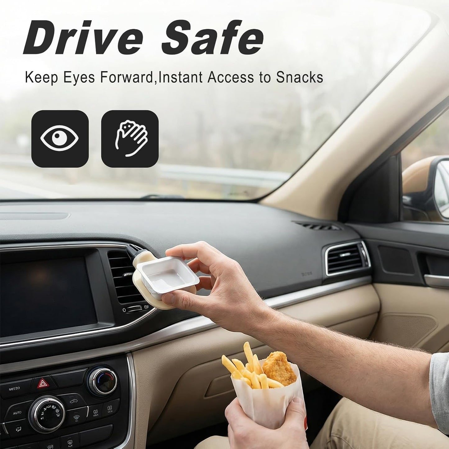 Car French Fry Holder with Cup Dip Tray, Car Sauce Holder with 2.68 Inch Base for Fast Food, Drink, Phone & Keys, Universal Interior Accessory for Vehicle, Truck, RV, Boat (Black)