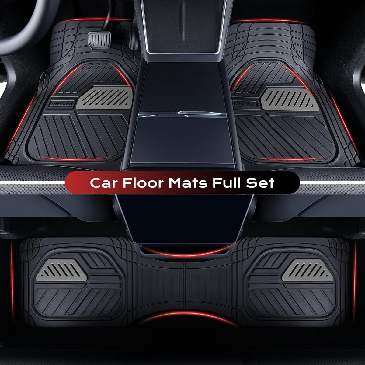 Coverado Car Mats Full Set, Heavy Duty Rubber Floor Mats for Cars, Deep Dish Design All Weather Waterproof Car Floor Mats, Universal Trim-to-Fit Car Mats for Most Cars Trucks SUV, Black&Gray