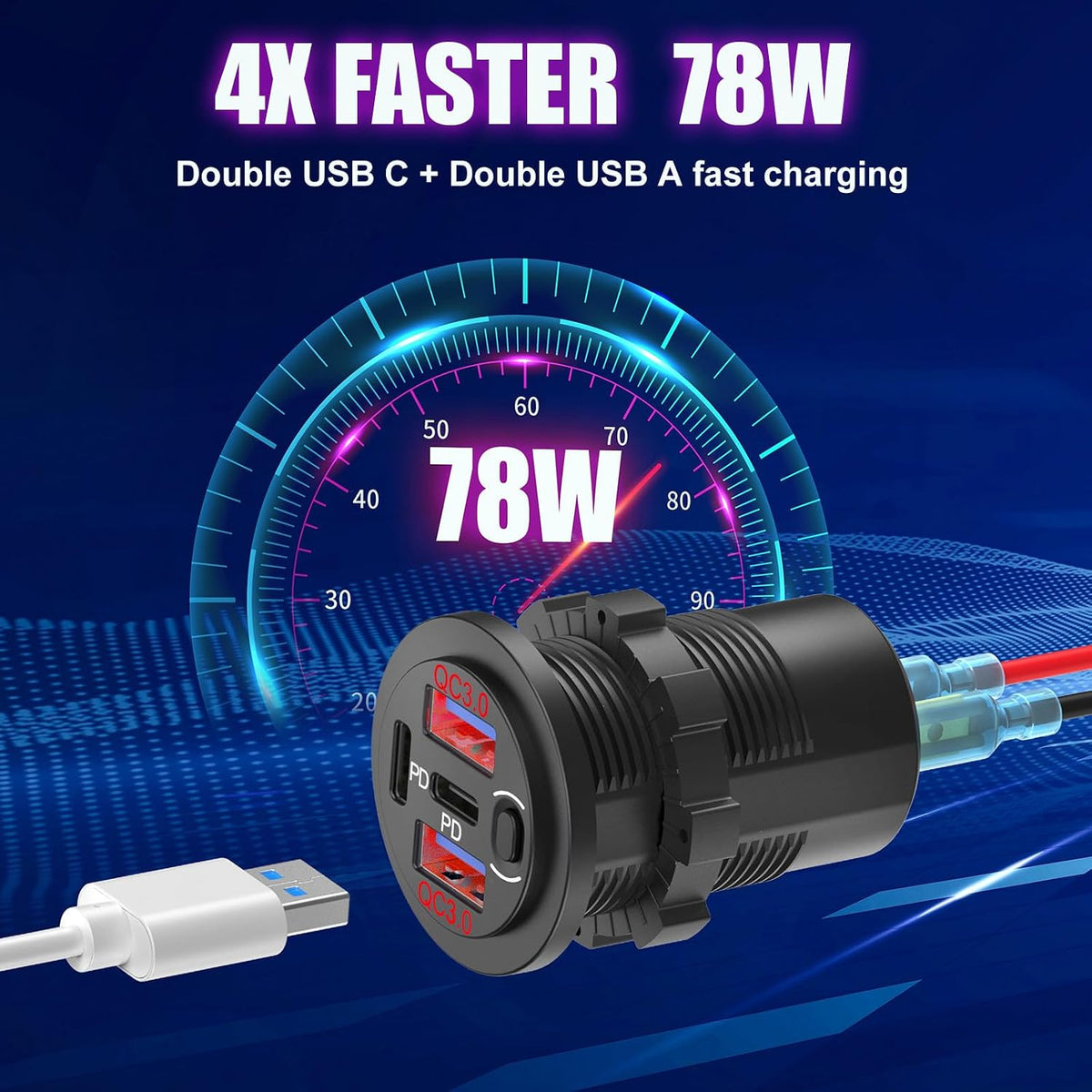 2 Pack Red 12V USB Outlet Dual PD 30W USB C Port and Dual USB QC 3.0 Port with Power Switch, 78W Multiport Car Charger Socket Waterproof DIY Accessories for Car Boat Marine Motorcycle RV ATV