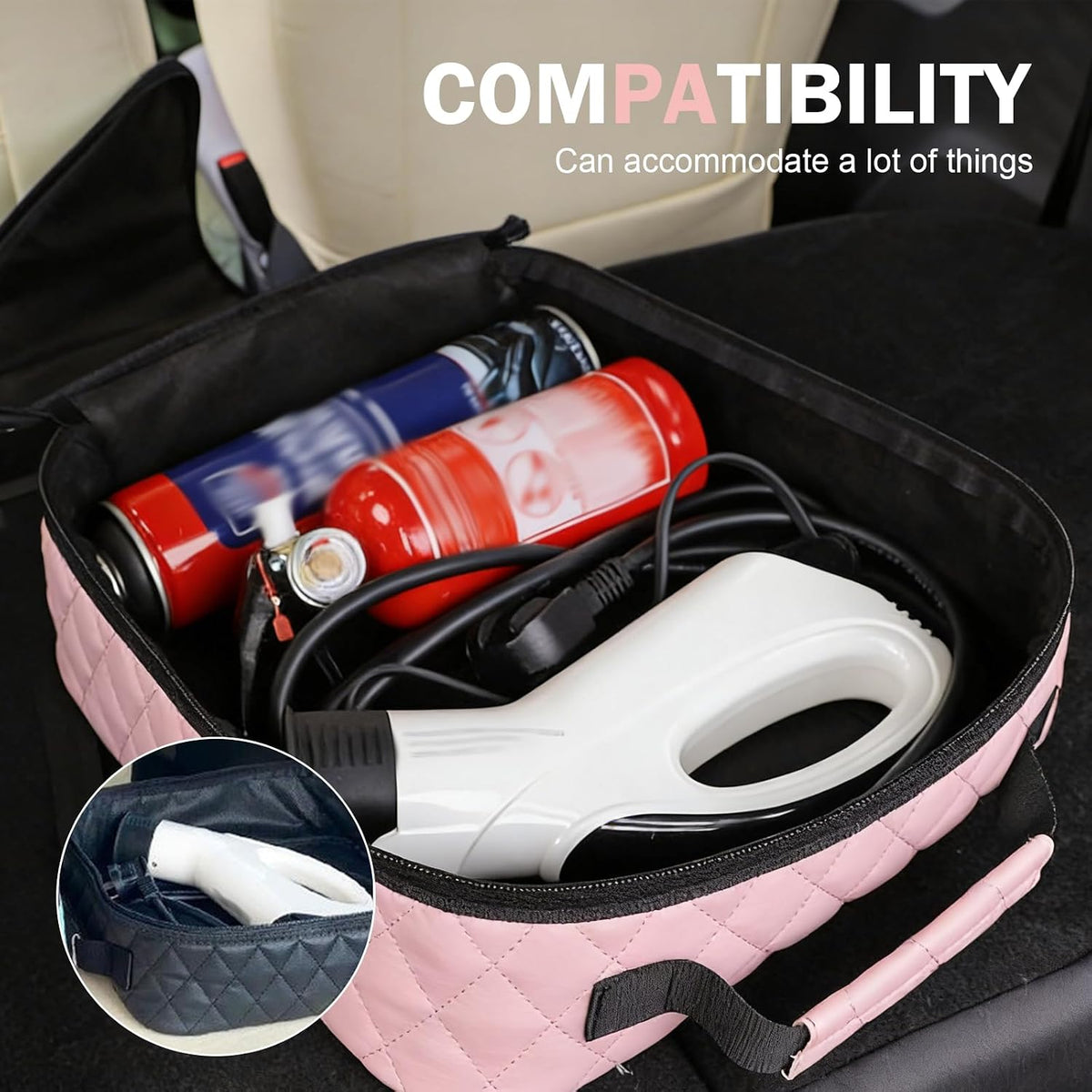 Jumper Cable Bag, Tools Cable Bag, Car Storage Box, 12.6x3.54x12.6In Organize for EV Charging Cord, Hoses (Pink)