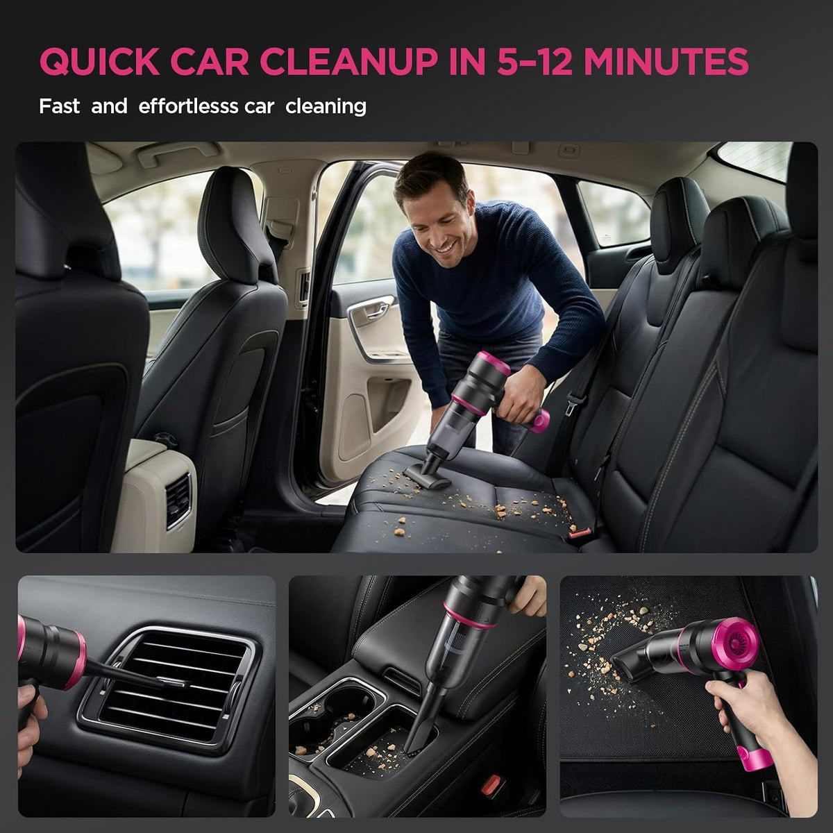 Handheld Car Vacuum Cleaner, 4-in-1 Cordless Rechargeable Mini Vacuum with Air Duster – Quickly Clean Crumbs, Pet Hair & Crevices in Car, Office, Home. Ideal for Commuters & Office Workers (Pink)