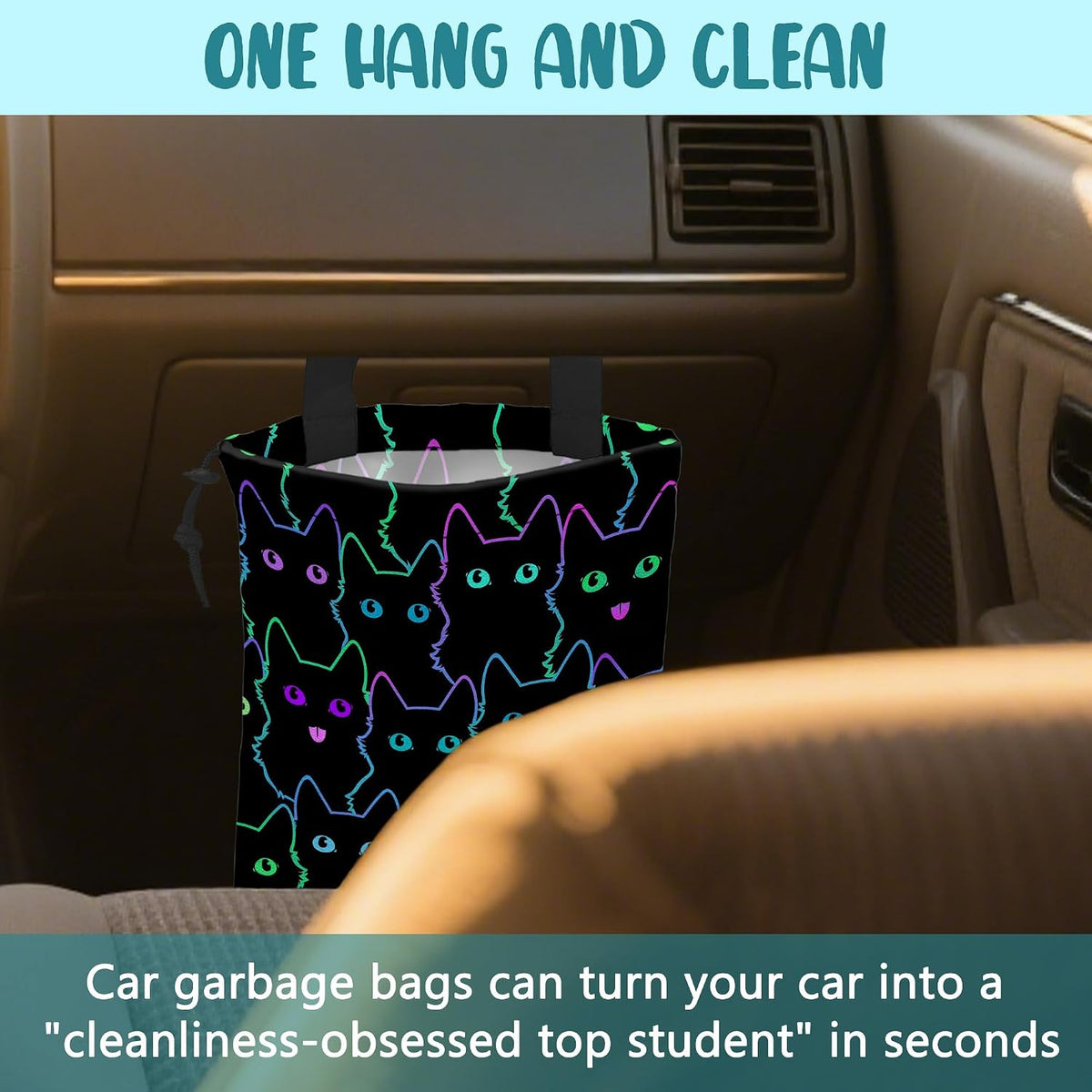 Car Trash Bag Cute Neon Cartoon Cat Leak-Proof Waterproof Car Garbage Bag with Drawstring Foldable Canvas Trash Bin with Adjustable Buckle for Car Accessories, Travelling, Camping