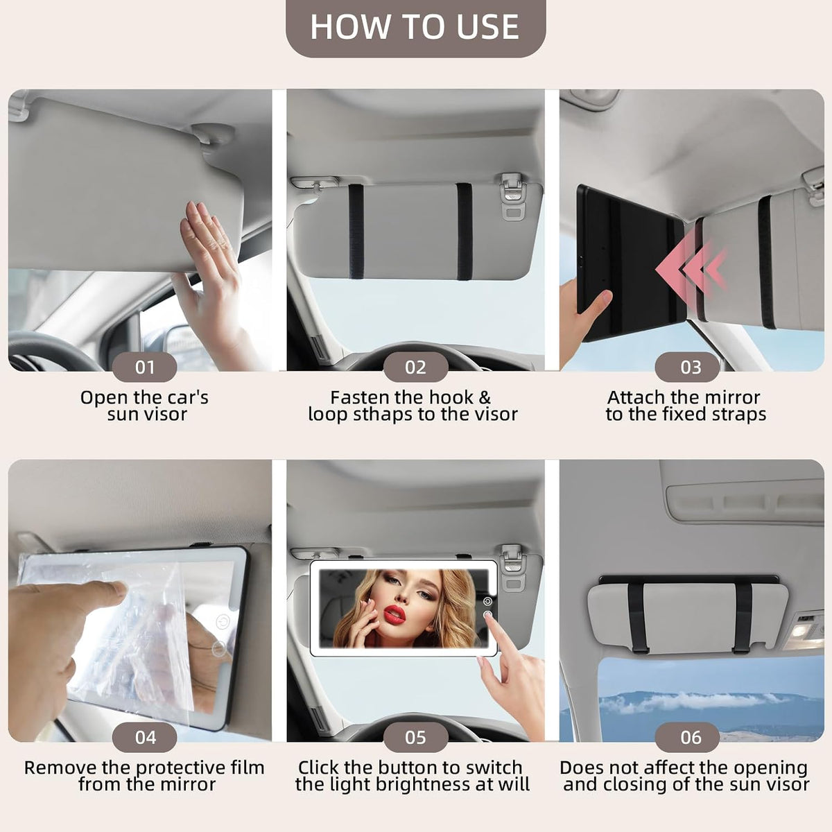 Car Sun Vanity Mirror with Lights, 3-Color Dimmable Light Mirror for Cars
