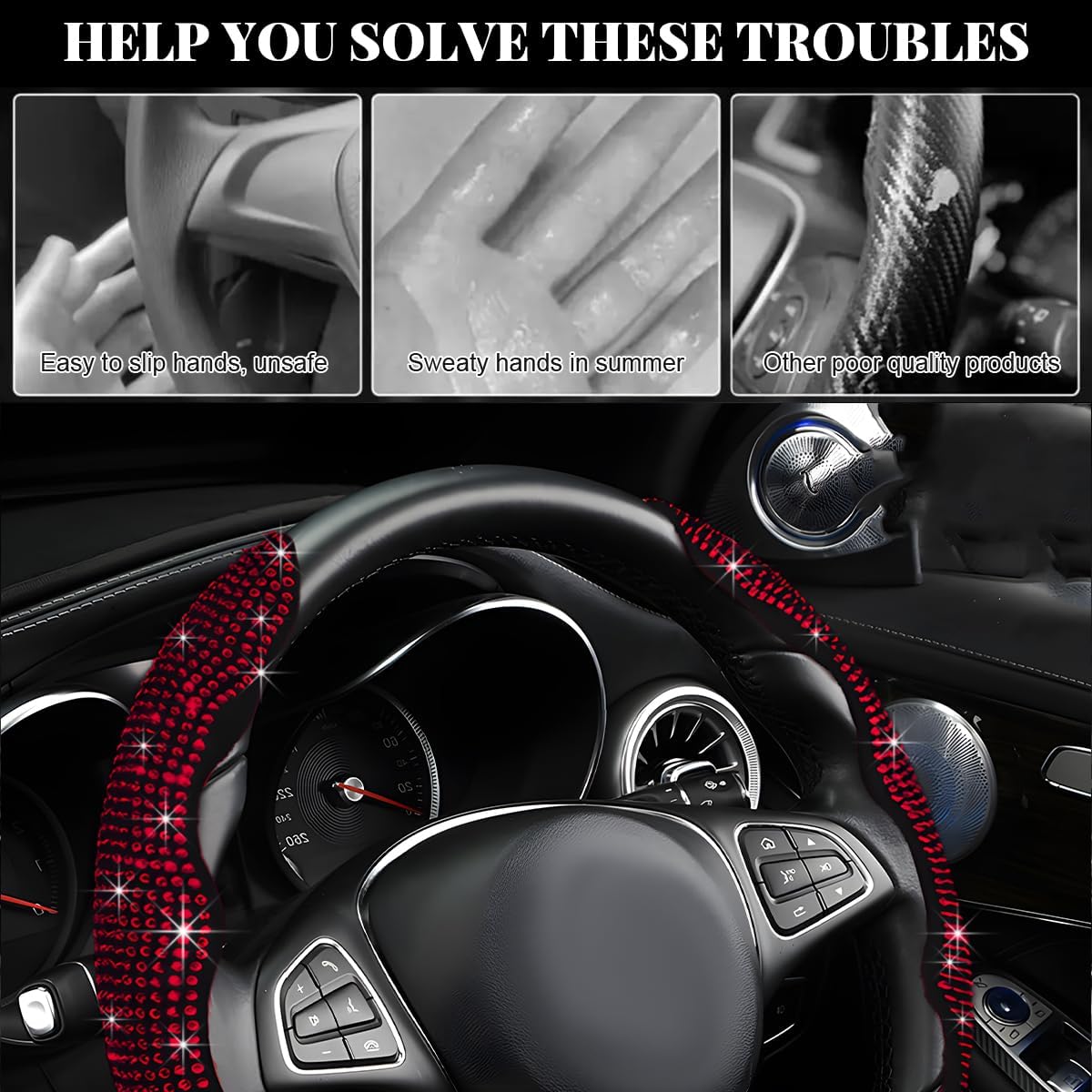 2 PCS Steering Wheel Cover, Segmented Car Wheel Covers with Crystal Rhinestones, Non-Slip Protector Bling Sparkly Decoration for Most Steering Wheels, Car Accessories (Red)