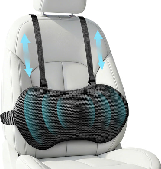 YFONG Lumbar Support Pillow for Car Seat, Back Support with Adjustable Straps Securely Fixed for Driving Seat Pain Relief, Office Chair Car Essentials Back Cushion, Black