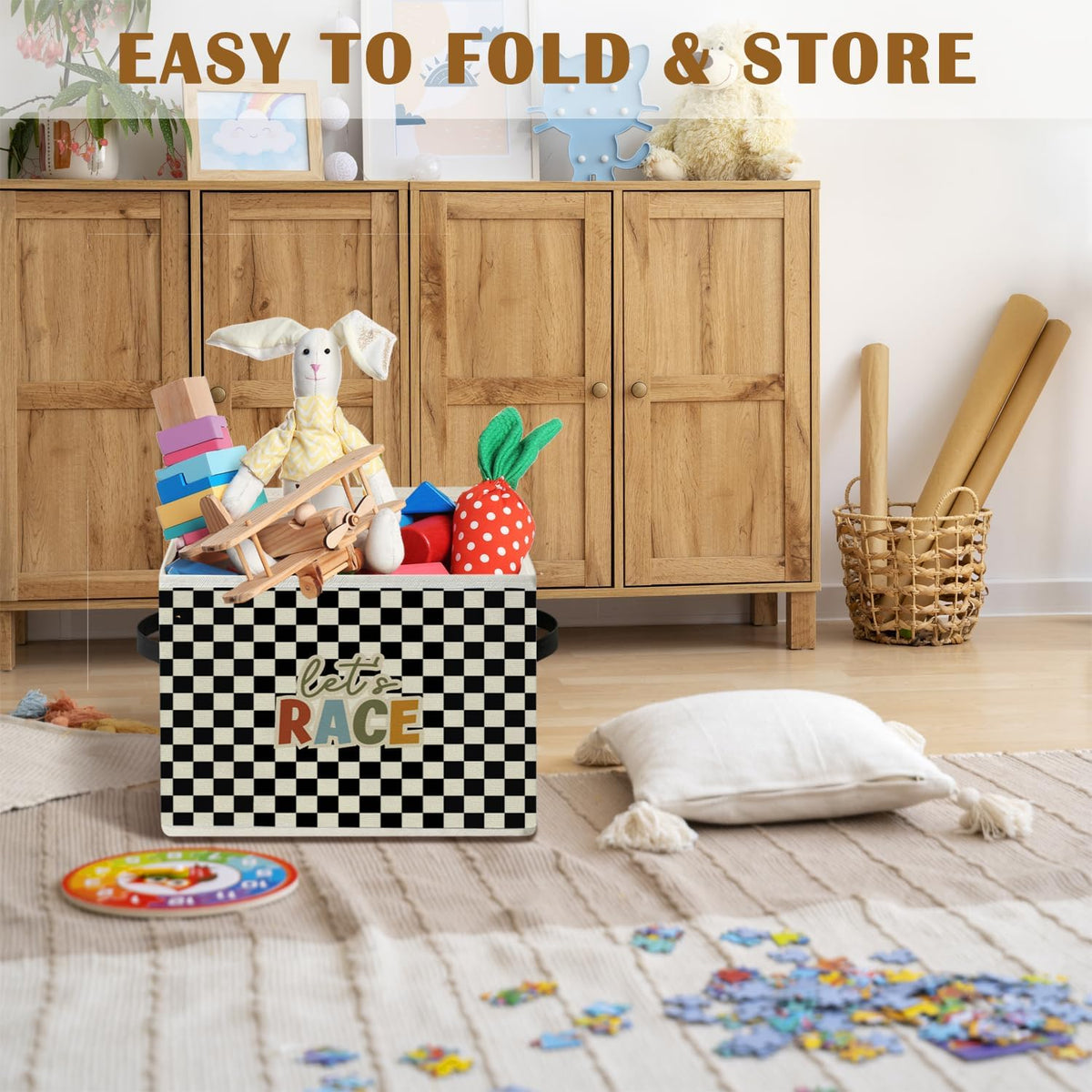 Race Car Room Decor,Playroom Storage Bins Box | Let's Race Checkered Foldable Collapsible Storage Basket Organizer for Kids Boy Nursery Bedroom Toys Books Clothes