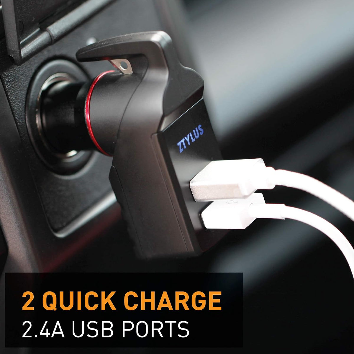 Ztylus Stinger USB Emergency Escape Tool: Life-Saving Rescue Car Charger, Spring Loaded Window Breaker, Seat Belt Cutter, Dual USB Ports Max. 2.4A (XSmall: 2 USB Ports, Black)