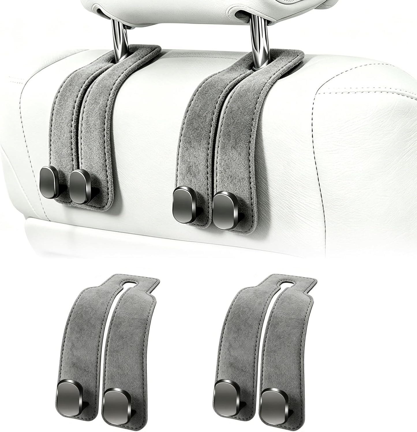 Amelity Car Headrest Hooks, Purse Hook for Vehicle 2 Pack Gray | Universal Car Interior Accessories for Women, Available in 2/4 Pack, Storage Hanger Holds Purses, Backpacks, Grocery Bags
