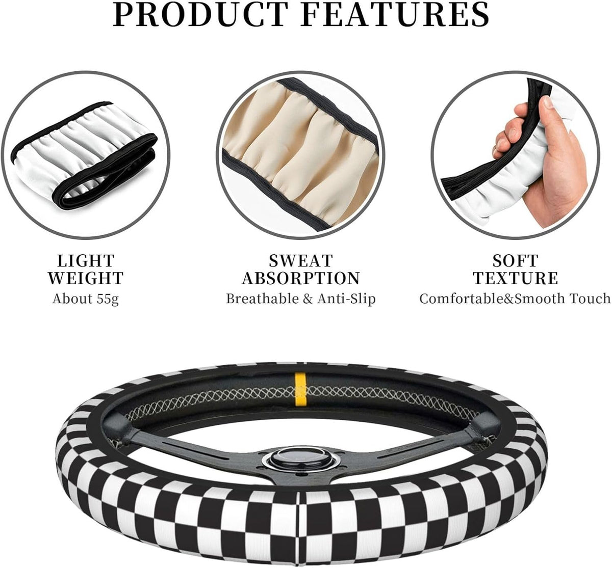 Black and White Checkered Steering Wheel Cover Rubber Anti-Slip 14.5-15 Inch Universal Steering Wheel Cover with 2 Pieces Car Coasters Suitable for Men Women
