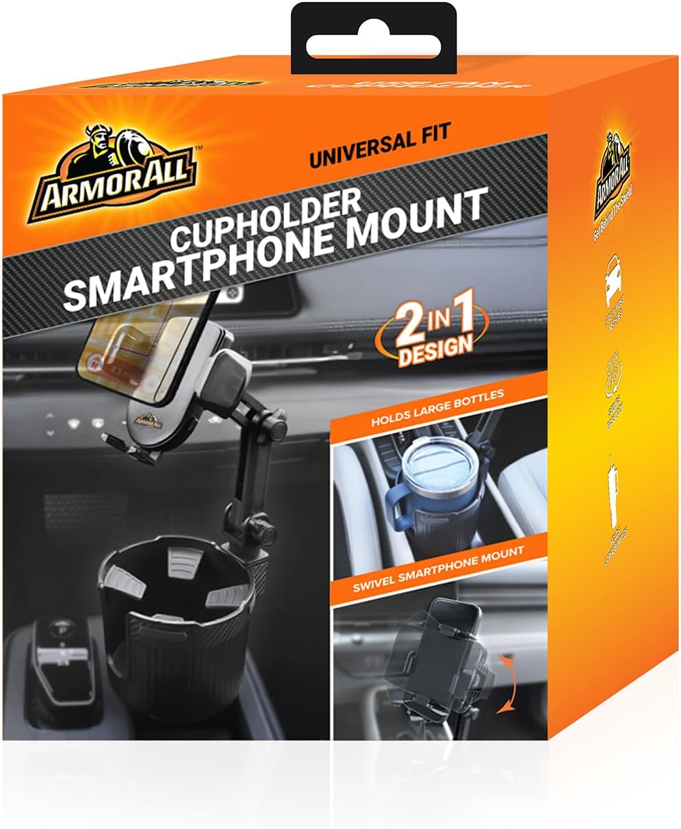 Armor All 2-in-1 Cup Holder Cell Phone Holder, Dual Cellphone Car Mount and Cupholder, XL Cupholder Holds Bottles, 6” in Arm 360° Degree Rotatable, Swivel Phone Mount Fits Most Phones, Expandable Base