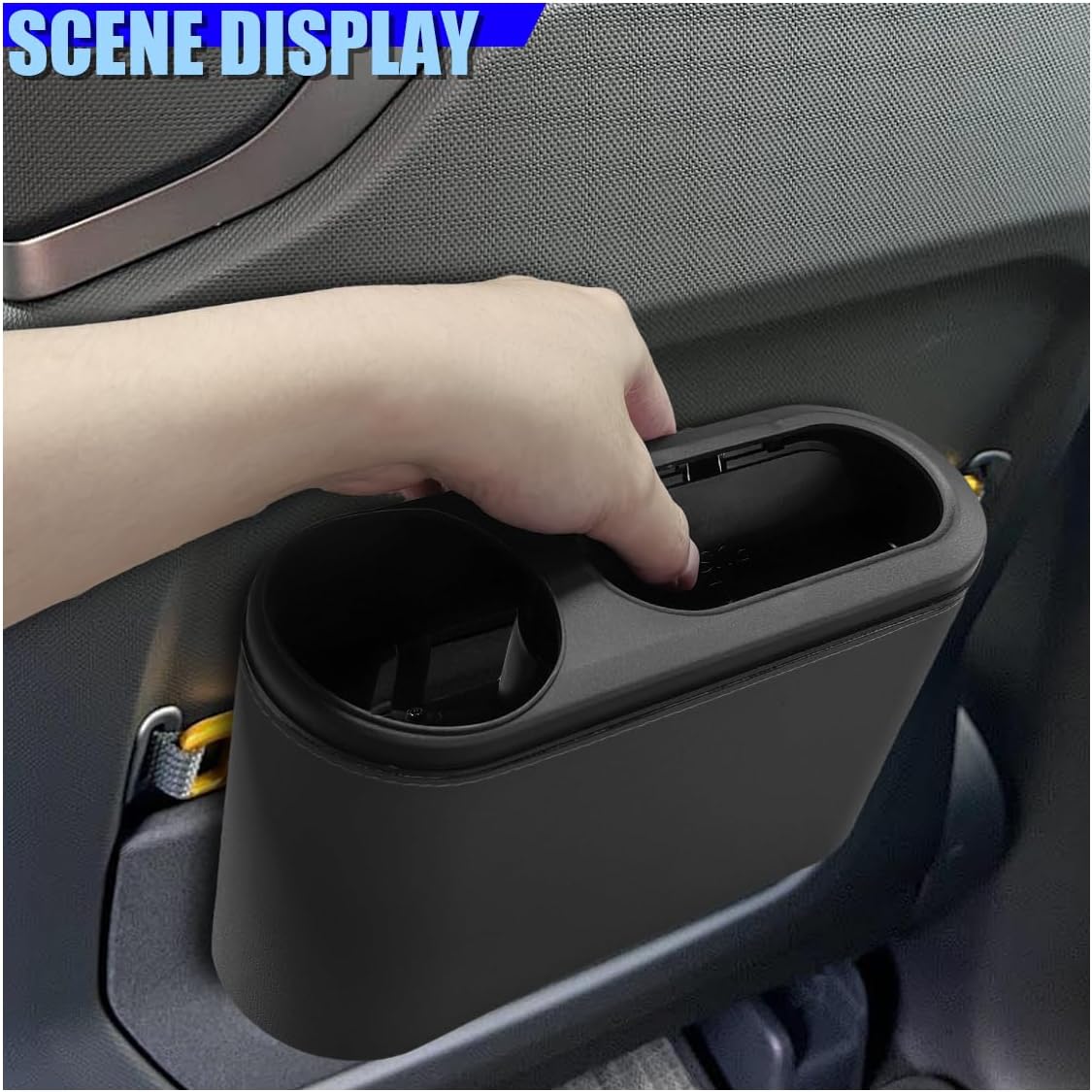 Craedli Car Trash Can with Lid, Leakproof Hanging Garbage Can Car Door Trash Bin with Cup Holder, Multipurpose Auto Interior Back Seat Storage Organizer for Home, Office (Black)