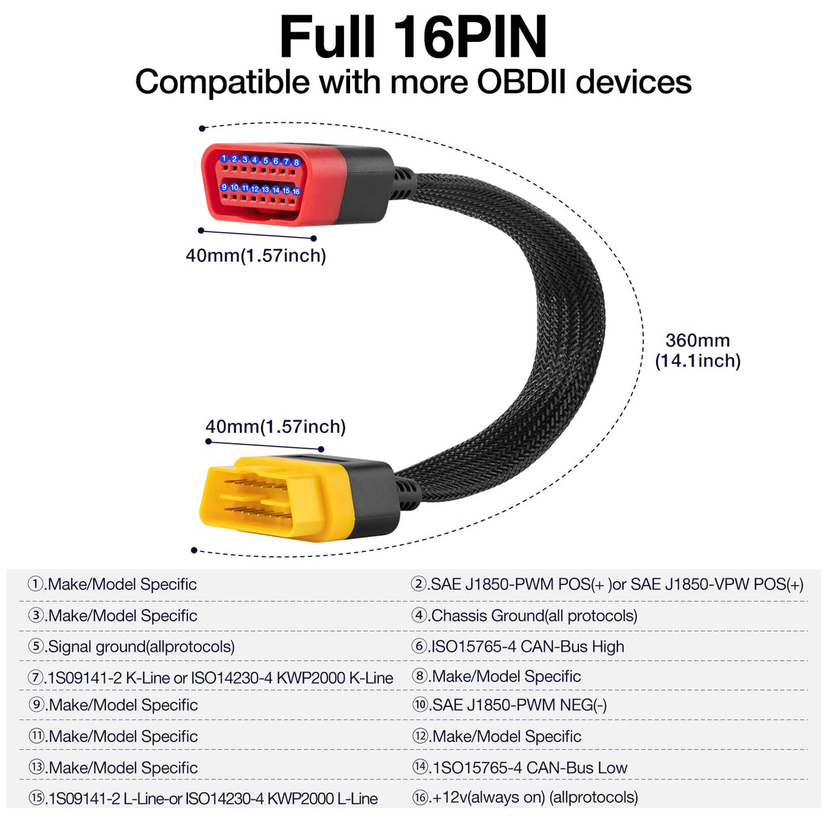 LAUNCH OBD2 Extension Cable Full 16Pin Male to Female 36CM/1.2FT