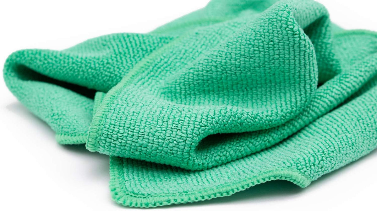 The Rag Company - The Pearl - Professional Microfiber Detailing Towel for Ceramic Coating Leveling and Sealant Removal, Safe and Scratch-Free with No Tags, 320gsm, 16in x 16in, Green -12 Pack