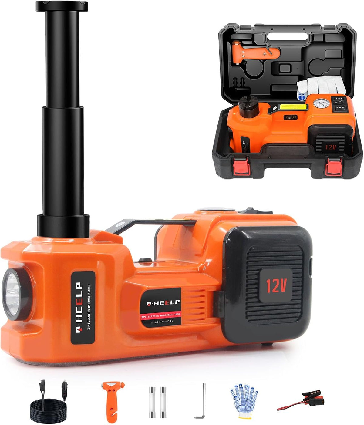 E-HEELP Electric Car Jack Kit 5 Ton 12V with Inflator, 6.1-17.7 in Lift