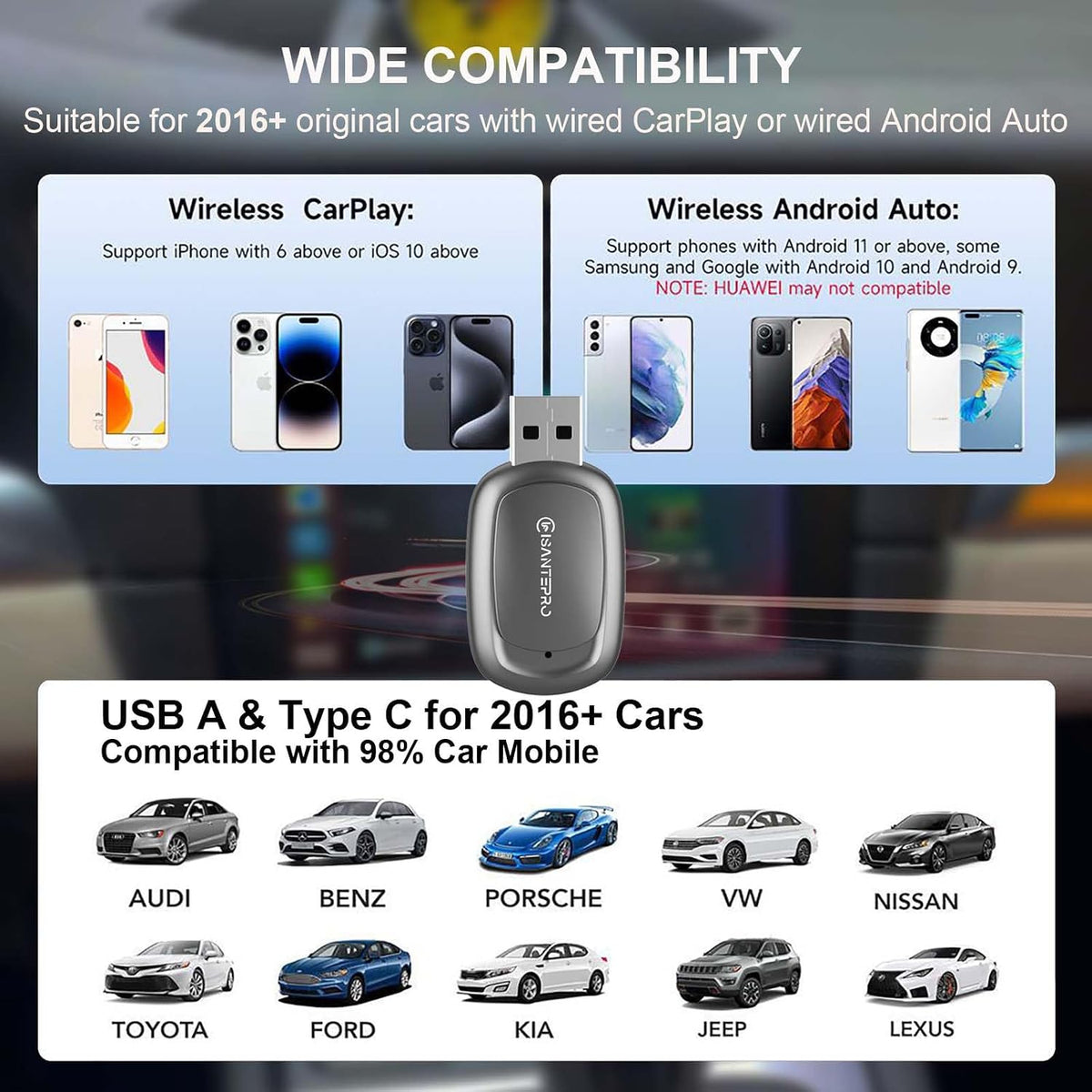 2-in-1 Wireless CarPlay Adapter & Android Auto for Apple iPhone, 2026 Upgrade Mini Bluetooth Dongle Convert Wired to Wireless, Plug & Play, USB A & Type C for 2016+ Cars, iOS 10+,Android 11+