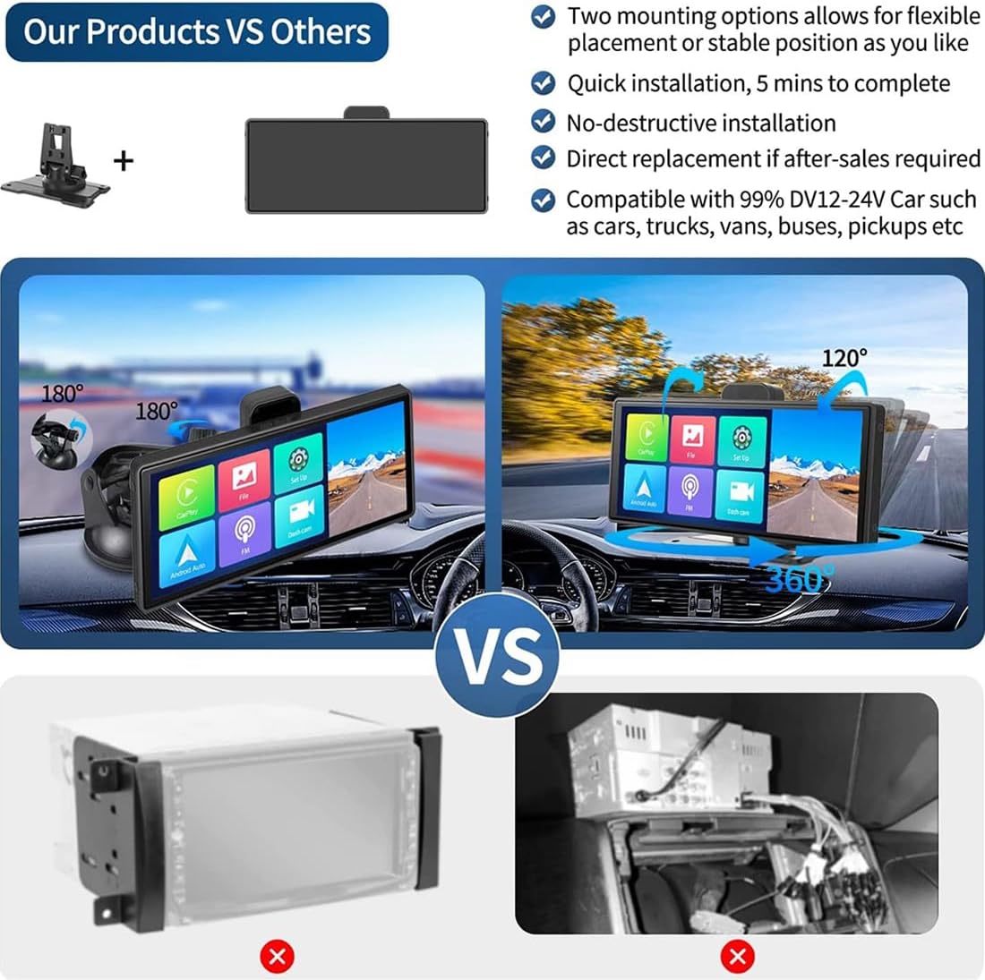 Portable Car Stereo with Wireless Carplay Android Auto, Car Radio 9.3 Inch IPS Touch Screen Car Monitor with AHD Reverse Camera/DVR/FM Transmitter/Bluetooth/AUX/Mirror Link Dash or Windshield Mounted