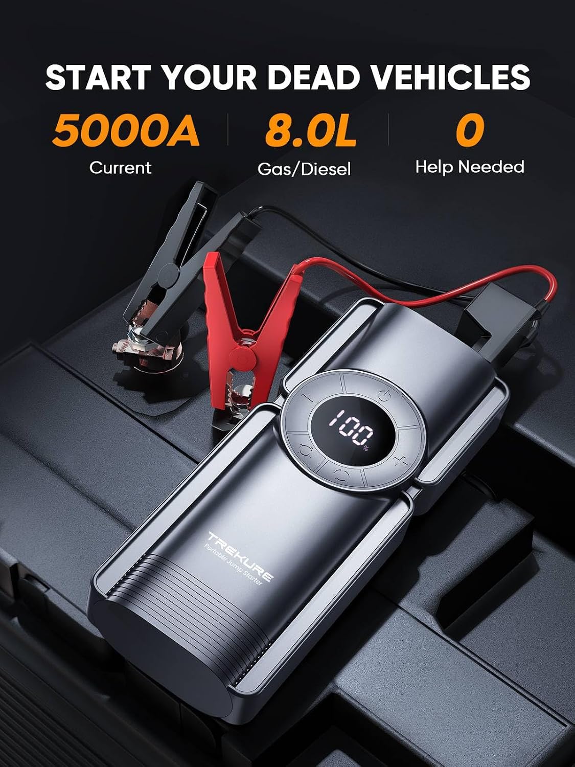 TREKURE Portable Car Jump Starter with Air Compressor, 150PSI 7000A Car Battery Jump Starter Battery Pack (9L Gas/8L Diesel), Safe Jumper Starter Portable Jump Box with Display, Emergency Light