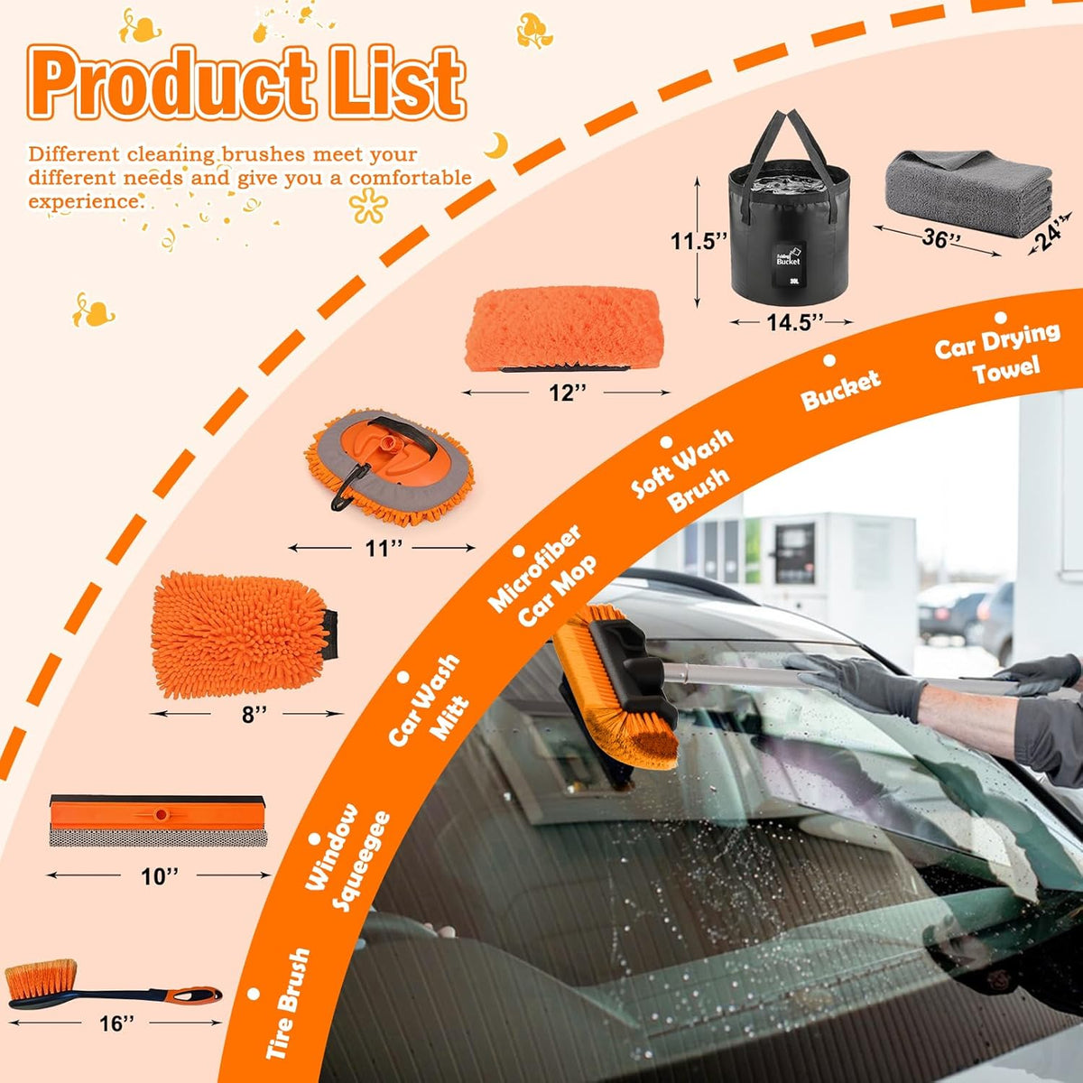 LAANPOLE 12FT Car Wash Brush with Long Handle, Car Cleaning Kit with Soft Bristle Wash Brush, Microfiber Cleaning Mop, Window Squeegee, Mitt, Wheel Brush, Bucket, Drying Towel for RV, Truck, Boat