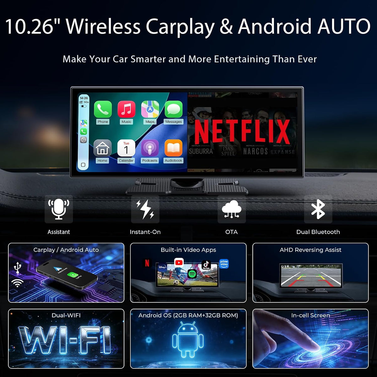 10.26" CarPlay Screen Built-in Net-Flix/YouTube/Tiktok,CD Slot Mount