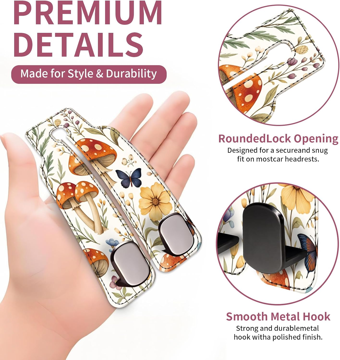 Car Seat Back Storage Hook, Funny Car Purse Hook, Cute Vehicle Storage Organizer for Purses Handbags Cute Mushroom Floral
