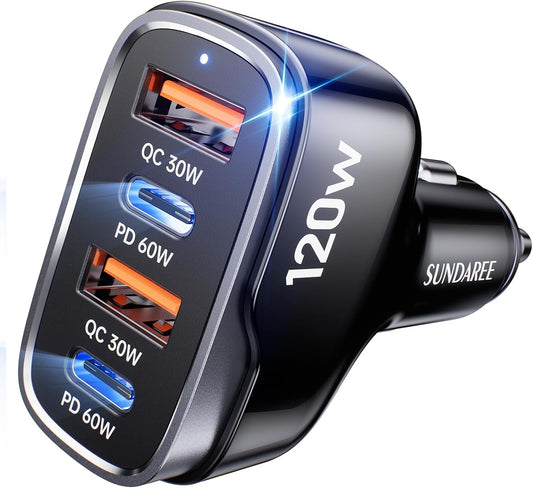 120W Car Charger USB C Fast Charge, 4-Port Cigarette Lighter Adapter 12V-24V, PD3.1 60W PPS QC3.0 Super Fast Charging USB C for iPhone 17/MacBook/iPad/Laptop/Samsung/Pixel/Android