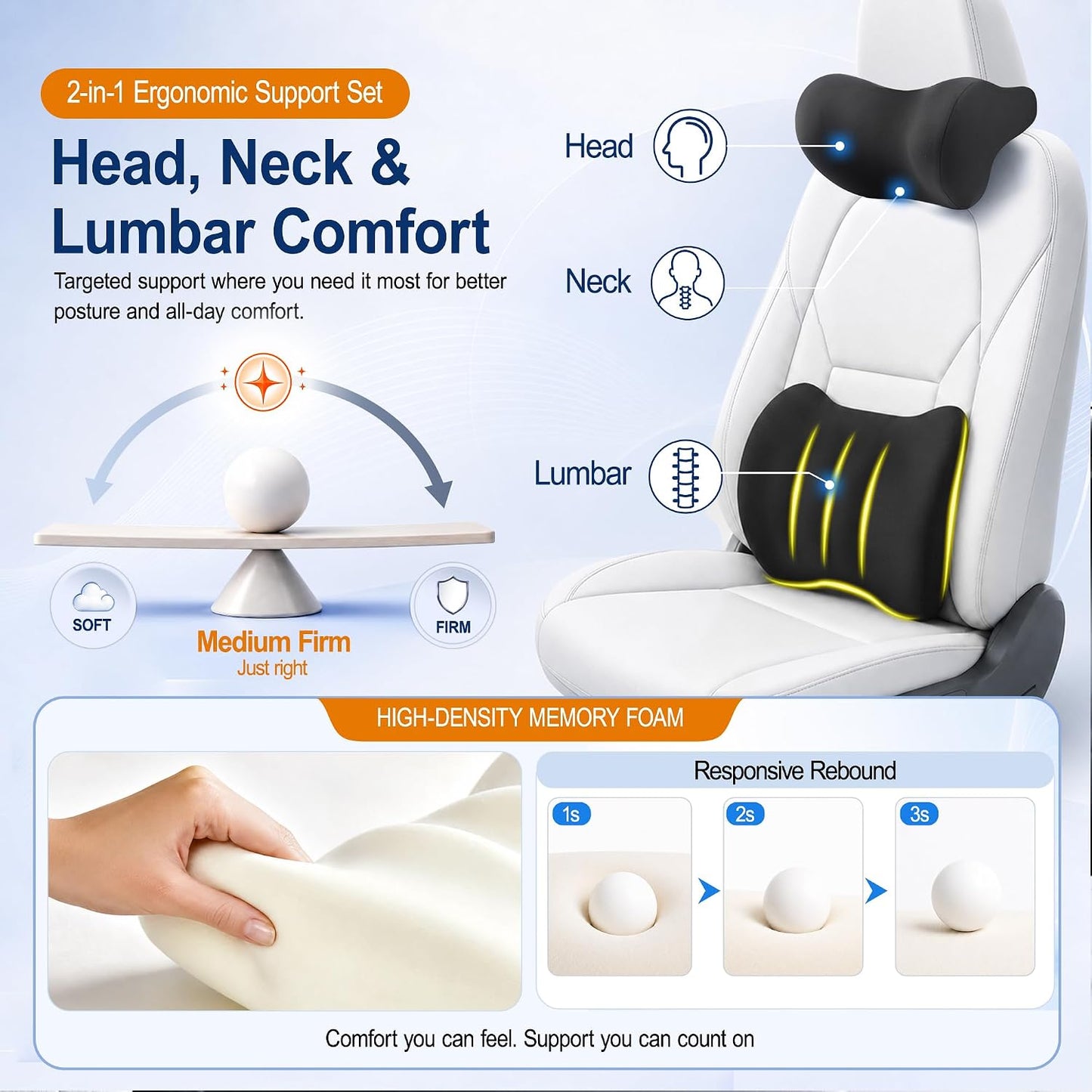 Allaboutsla Lumbar Back Support Pillow for Car, Neck Headrest Pillow Set | Memory Foam Car Neck Support for Driving with Car Back Support, Adjustable Straps, Head Rest Pillow for Cars, Trucks, Black